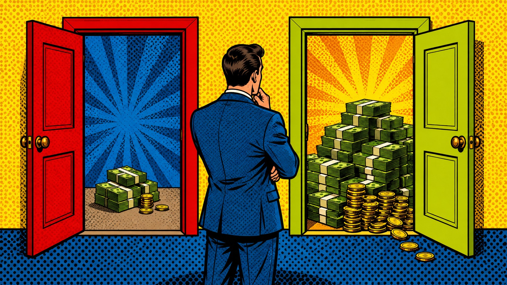 Pop-Art-Illustration: ein Unternehmer vor zwei Türen, dahinter unterschiedlich große Geldstapel, als Sinnbild für den Erlösunterschied je nach Rechtsform